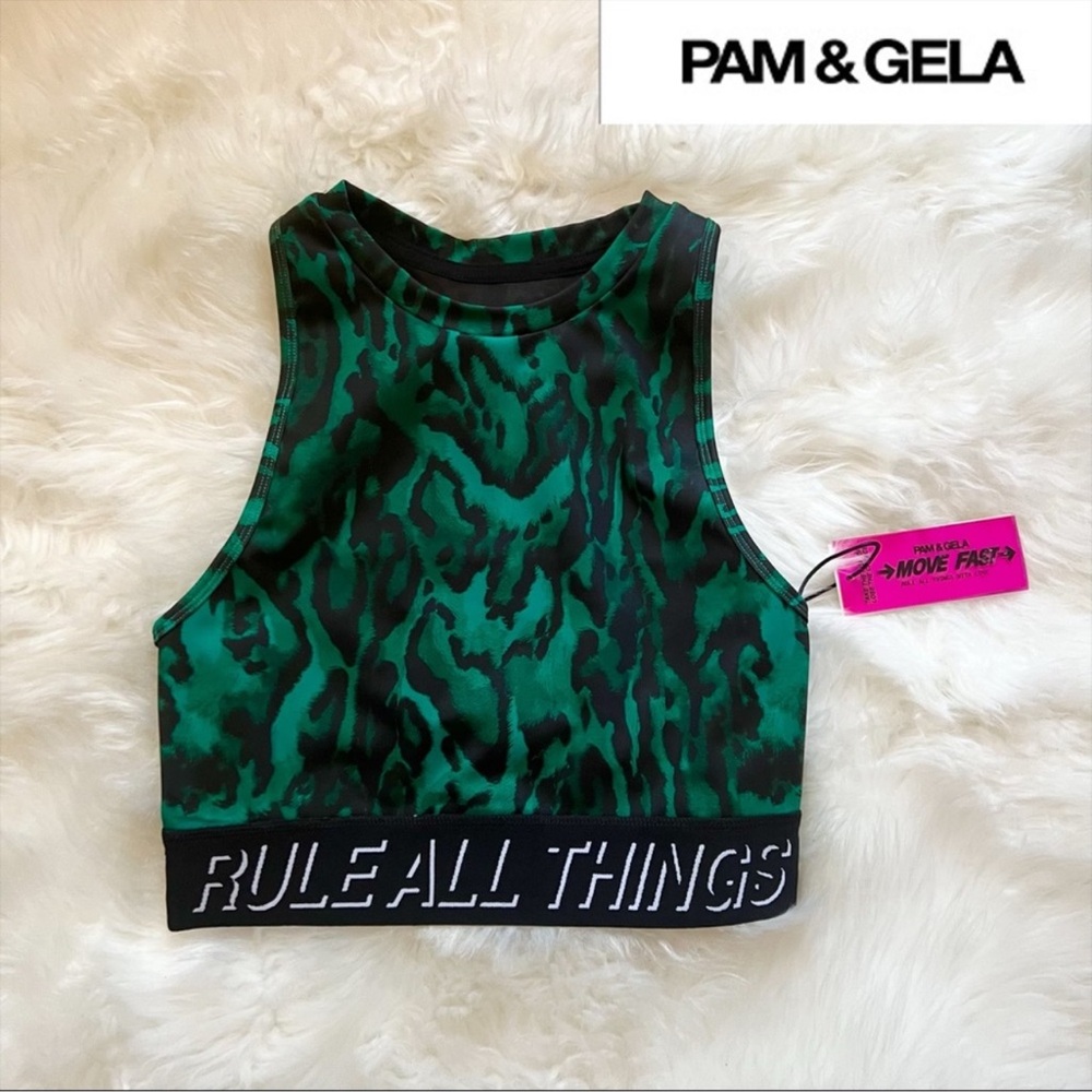 New! PAM & GELA Ocelot Animal Print Cut Out Sports Top Bra - Picture 2 of 8